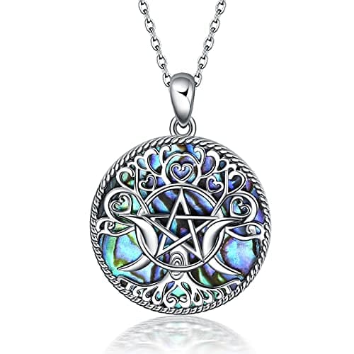 Image of YFN Triple Moon Goddess Necklace Sterling Silver Pentagram Pentacle Pendant necklace Pagan Wiccan Magic Amulet Tree of Life Jewelry for Women Men