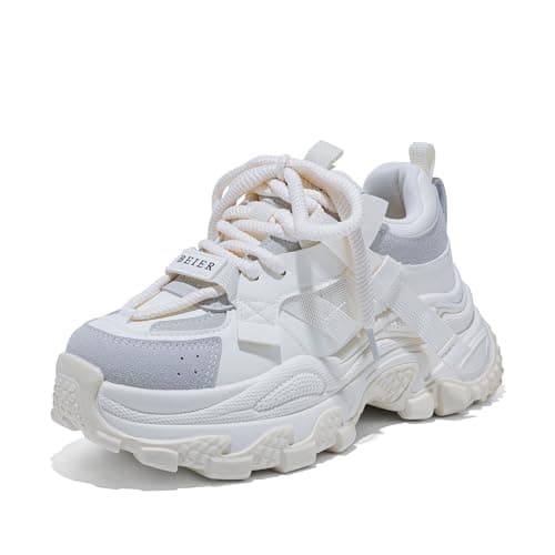 Image of Women's Chunky Platform Trainers Lightweight Walking Shoes, Breathable Retro Lace-Up Design for Gym & Casual Wear Off-White UK 4