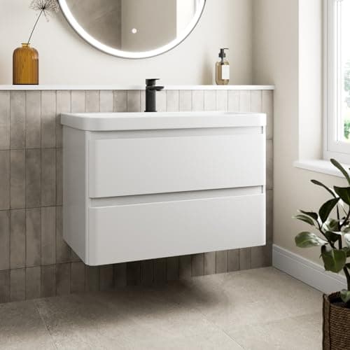 Image of Affine® 800mm Vanity Unit Wash Basin Sink Bathroom Wall Mounted Storage Cabinet Cupboard Cloakroom, Soft Close Drawers, White Gloss