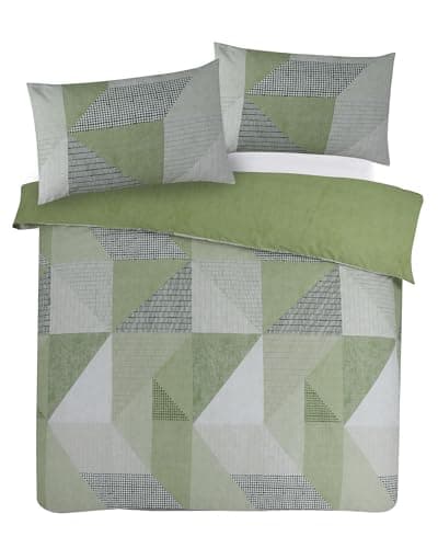 Image of Charlotte Andersen Matrix Geometric Green Grey Double Duvet Set Reversible Easy Care Cotton Blended Bedding (Green, Double)
