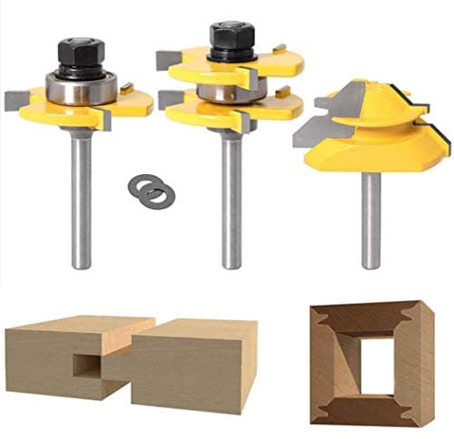 Image of Lock Miter 45 Degree Joint Router Bits + 2Pcs Tongue and Groove Set [1/4-Inch], 45° Router Bit + Wood Milling Cutter Set 3 Teeth T Shape