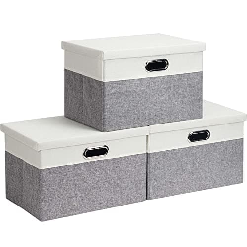 Image of Febzoce Storage Boxes with Lids, Storage Baskets for Shelves Foldable Fabric Storage Bins Organizer for Home and Office Light Grey and White Small 33 x 22 x 18 cm 3 Pack