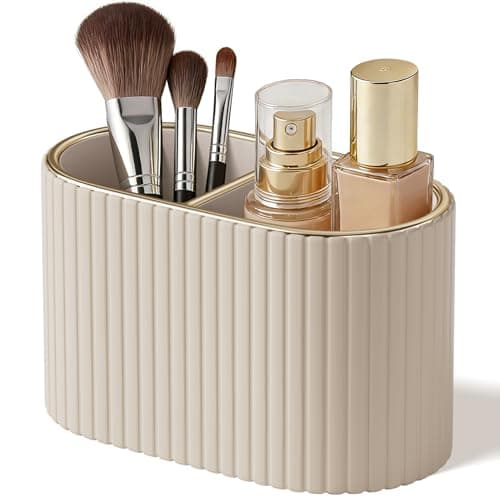 Image of KINGFOM Makeup Brush Holder, Elegant Makeup Brush Organiser with 2 Compartments, PU Leather Makeup & Brush Holder for Vanity, Bathroom or Bedroom (Beige)