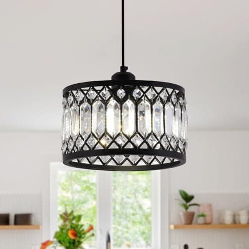 Image of GreeLustr Crystal Black Pendant Light Fixture, Modern Hanging Ceiling Light Adjustable Height, Round Hallway Pendant Lighting for Entryway Dining Room Bedroom, 1-Light, E27 (Bulb not Included)