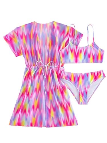 Image of SERENYOU Girls Swimming Costume 3 Pieces Bikini Sets with Adjustable Cover ups Swimwear Tie-dye Pink 9-10 Years