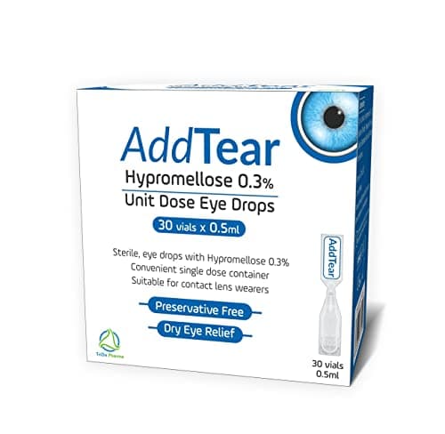Image of AddTear Sterile and Preservative Free Eye Drops for Dry Eyes, Hypromellose 0.3% Unit Dose Eye Drops, Suitable for Contact Lens wearers (30 vials X 0.5 ml)