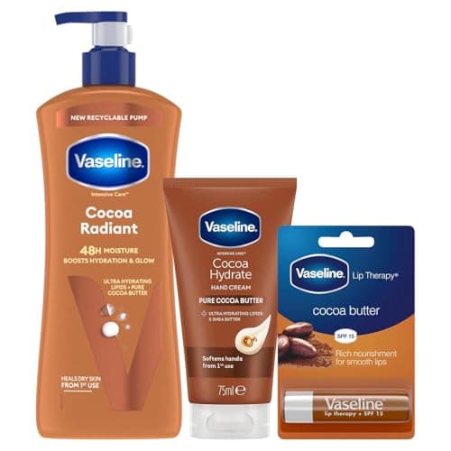 Image of Vaseline Cocoa Radiant Bundle - Body Lotion 600ml, Hand Cream 75ml & Lip Therapy 4g -Deeply Moisturises, Nourishes & Protects Dry Skin for Soft, Smooth, Healthy Skin