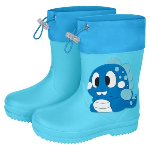 Image of Aomig Toddler Wellies Kids Boys Girls Dinosaur Rain Boots Waterproof Welly Boots Children Rain Shoes Outdoors Lightweight Wellies Wellington with Pull On Drawstring(Blue)
