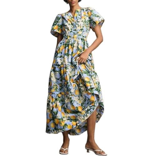 Image of FeMereina Women V-Neck Short Sleeve Long Dress Smocked Waist Pintucked Hem Flowy Dress Ruffle Tiered Maxi Dress with Side Slant Pockets (Lemon Yellow, xx_l)
