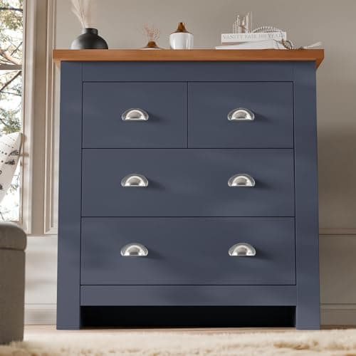 Image of Blisswood Wooden Chest of Drawers, 2+2 Drawer Slim Storage Unit Cabinet with Oak Top for Bedroom Furniture, Chest for Living Room, Lounge, Hallway Office Furniture, Blue/Oak 38D x 75W x 81H CM
