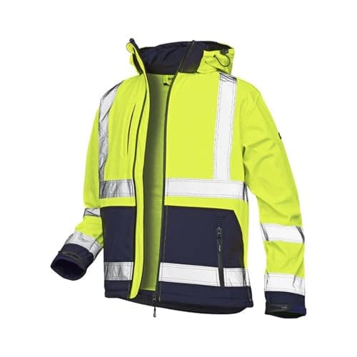 Image of VELTUFF Reflex Softshell Hi-Vis Jacket – Waterproof Work Jacket with Reflective Tape, High Visibility Safety Coat for Men (UK, Alpha, L, Regular, Regular, Yellow/Navy)