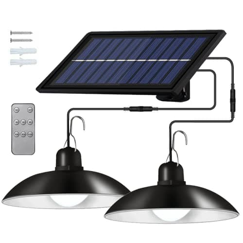 Image of LONENESSL Solar Lights Outdoor,Solar Shed Light with Remote Control,3W 60 LED Dimmable Solar Pendant Light Double Head,IP65 Waterproof, for Garden Yard Porch Patio