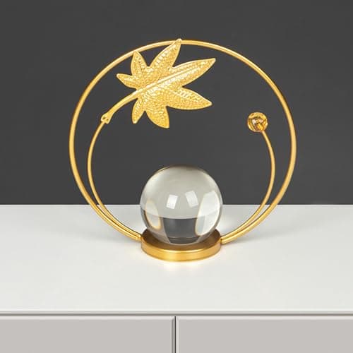 Image of Hidyliu European Style Decorative Sculpture Metal Art Craft for Wine Cabinet Table Decor Elegant Home Ornament for Office Iron Crystal Ball (Maple Leaf)