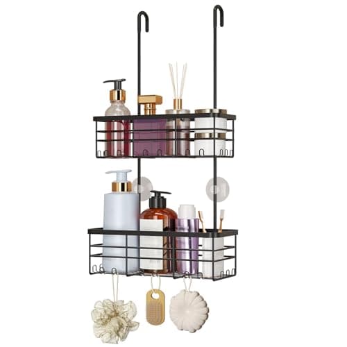 Image of HapiRm Hanging Shower Caddy Organiser - 2 Tier Over Door Shower Caddy with Hooks, No Drilling Shower Organiser with Portable Pole, Rustproof 304 Stainless Steel Bathroom Hanging Storage- Black