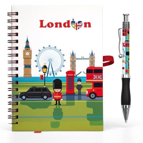 Image of A6 London Notebook and Pen - England Souvenir Notepad - Union Jack British Gift Note book London Skyline Art Note Pad