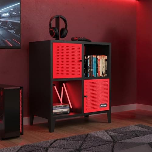 Image of X-Rocker Mesh-Tek Metal Sideboard Display Cabinet, Square 4 Cube Storage Locker Media Unit with 2 Cupboard Doors and 2 Shelves - Black & Red