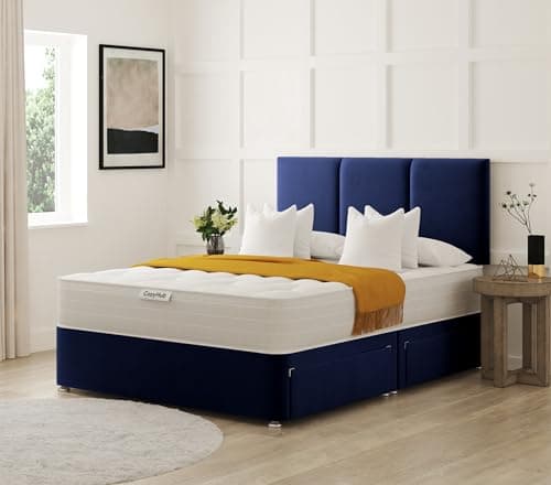 Image of COZY HUB LTD Panel Line Plush Velvet Divan Bed with 10 Inch Ortho Tufted Mattress & Headboard – Luxury Divan Set with Drawer Storage Options. (Blue, 4Ft- 2 Drawers)