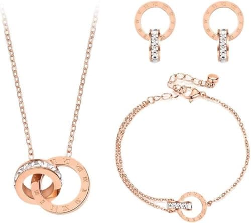 Image of KBRPEY Jewellery Set for Women Necklace Bracelet and Earrings Set Double Circle Pendant Cubic Zirconia Round Interlocking Pendant Jewellery gifts for Her Wife Rose Gold(Rose Gold)