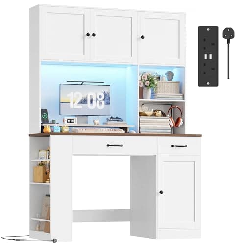 Image of FirFurd White Desk with Drawers Computer Desk with Storage Shelves, Power Outlet & LED Lights, Study Table, Dressing Table Home Office Workstation Wooden Furniture 120x50x180cm White+Brown