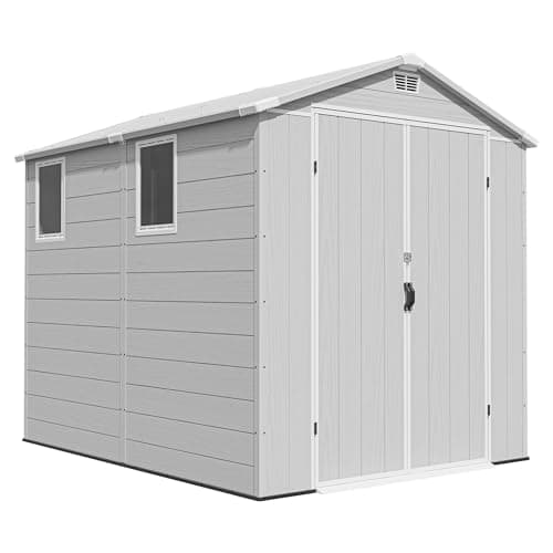 Image of Triumphkey 6x8ft Outdoor Storage Shed, Plastic Garden Shed with Lockable Door, Weatherproof for Bike, Tools & Garbage Bin Storage for Lawn, Patio & Backyard, Light Gray