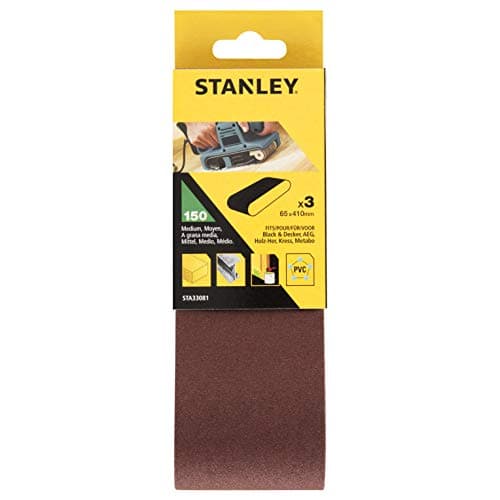 Image of Stanley Pack of 3 Sanding Belts for Belt Sander (65 x 410 mm, Medium Grit K150, Fits Black+Decker Belt Sander DN83, DN83E, BS650, BD83, BD83E, KA83, STA33081)