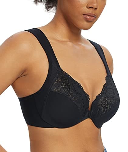 Image of Lemorosy Wide Strap Front Closure Bra Lace Full Figure Underwire(Black Wide Strap,44D)