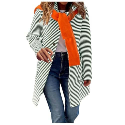 Image of Generisch Women's Cardigan with Colour Block and Stripes Hood Button Placket Long Coatigan Jackets with Pockets Women's Transition Parka, Green, M
