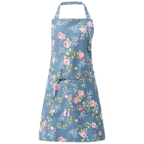 Image of DILLMAN Aprons for Women with Pockets Cotton Linen Cooking Kitchen Baking Soft Durable Floral Gardening Apron, Blue, Full Length, Adjustable Strap
