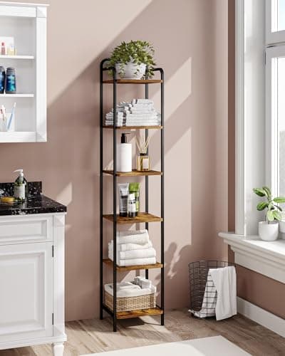 Image of Hzuaneri 6-Tier Bookcase Bookshelf, Narrow Tall Bookcase, Slim Wooden Shelving Unit for Bedroom, Living Room, Home Office, Sturdy, Rustic Brown and Black BC24601B