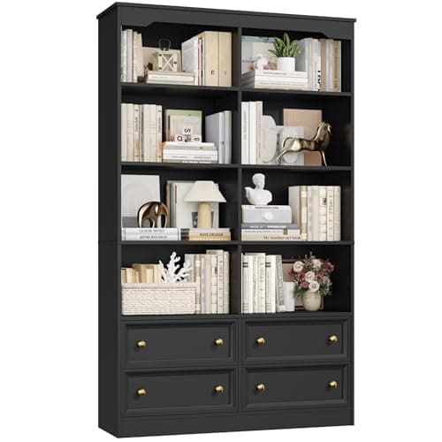 Image of FirFurd Bookcase 180cm Tall Bookshelf with Drawers Living Room Bookcase 8 Open Compartments Free Standing Display Shelf Tall Shelving Unit for Home Office 180x100x30cm Black