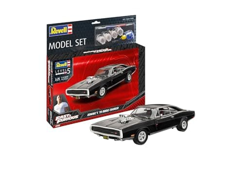 Image of Revell Model Set 67693 Fast & Furious Dominic's 1970 Dodge Charger 1:25 Scale Unbuilt/Unpainted Plastic Model Kit with Contacta Professional Glue, Paintbrush & Selected Aqua Color Paints