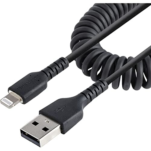 Image of StarTech.com 50cm (20in) USB to Lightning Cable, MFi Certified, Coiled iPhone Charger Cable, Black, Durable TPE Jacket Aramid Fiber, Heavy Duty Coil Lightning Cable (RUSB2ALT50CMBC)