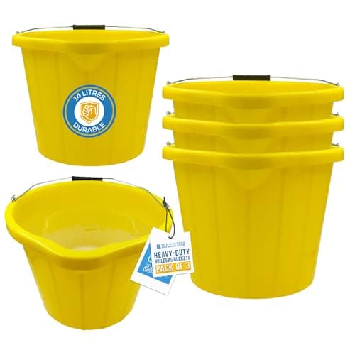 Image of Heavy Duty Yellow Builders Bucket 14 Litre - 3 Gallon Capacity Plastic Buckets with Built-In Spout, Durable Car Wash Bucket, Multifunctional with Metal Handle, Perfect for Commercial Use (PACK OF 3)