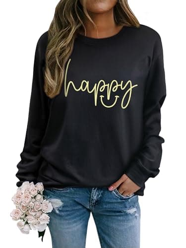 Image of WIEIYM Women's Sweatshirts Happy Sweatshirt Letter Graphic Crewneck Sweatshirt Funny Long Sleeve Tops Basic Pullover for Spring Autumn Winter