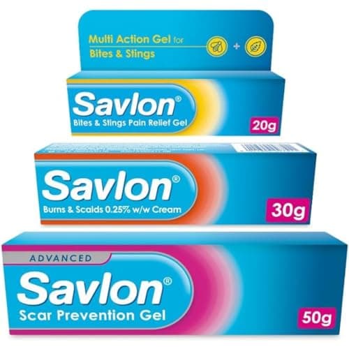 Image of Savlon Scar Prevention Gel (1 x 50g), Bites & Stings Pain Relief Gel (1 x 20g), Burns & Scalds 0.25% w/w Cream (1 x 30g), Fast-Acting Relief, Reduces Swelling, Essential First Aid Bundle (Pack of 3)