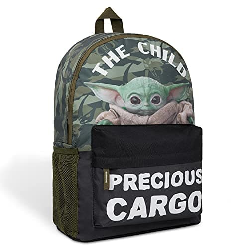 Image of Disney The Mandalorian School Bag Baby Yoda Kids Backpack for School Travel Sports Zipped Pocket Star Wars Gifts (Green Camo)