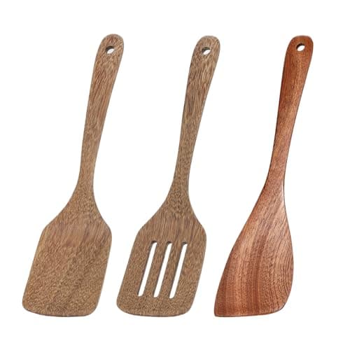 Image of 3 Pack Wooden Spatula for Cooking 12 Inches Paddle, Turner, Slotted Spatula, Cooking Utensils for Nonstick Cookware, Kitchen for Fish, Eggs, Pancakes