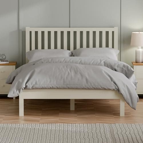 Image of Julian Bowen Coxmoor Double Bed Frame - Wooden 4ft6 Size Cream Bed 135x190cm with High Headboard, Rustic Solid Pine Frame - Ivory
