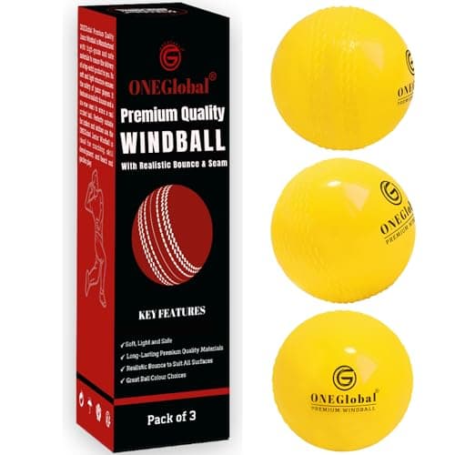 Image of ONEGlobal Premium Windball Soft Cricket Ball | Durable, Embossed Seam, True Bounce & Swing | Wind Ball Cricket Balls for Outdoor & Indoor Practice, Coaching, Garden & Beach Games (3-YELLOW)