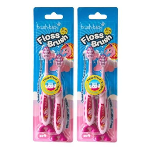 Image of Brush-Baby - Unicorn FlossBrush Toothbrushes, 3-6 Years - Soft Bristles for Milk Teeth & Gums - Bright Unicorn Design with Suction Feet - Cleans the Surface and Between Teeth - Pack of 4