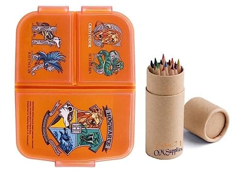 Image of OM SUPPLIES Harry Potter Reusable Sandwich Lunch Box 3 Multi Compartment Kids Children School Includes Half Size 12pcs Pencil Set (Harry)