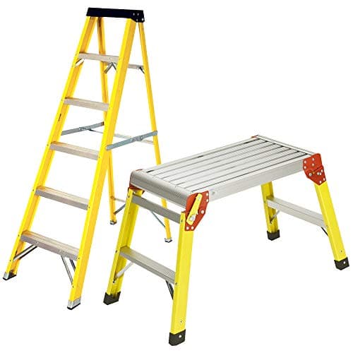 Image of Excel 5 Step Folding Fibreglass Ladder & Folding Hop Up Work Bench Platform