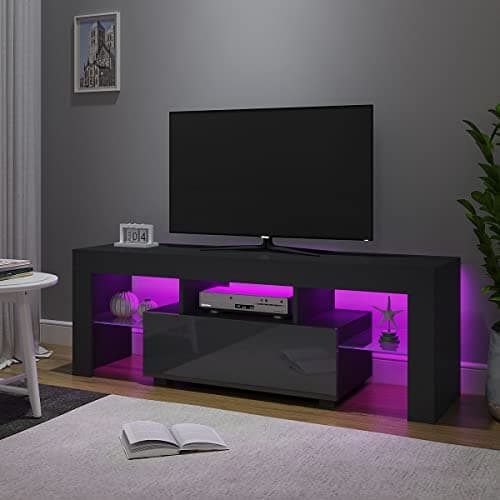 Image of Panana 51inch TV Stand Storage Glass Shelves Big Drawer Sideboard 16 Colors RGB LED Lighted TV Cabinet for 32 40 43 50 55 inch 4k TV (Black, With LED)