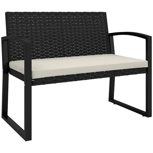 Image of Outsunny 2 Seater Rattan Garden Bench, Outdoor Bench with Cushion, PE Wicker Garden Loveseat with Armrests, Galvanised Steel Frame for Patio, Park, Beige