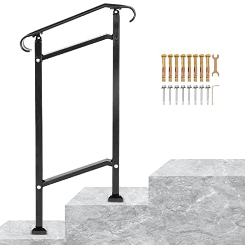 Image of VEVOR Wrought Iron Handrail, Fit 1 or 2 Steps Outdoor Stair Railing, Adjustable Front Porch Hand Rail, Black Transitional Hand Railings for Concrete Steps or Wooden Stairs with Installation Kit