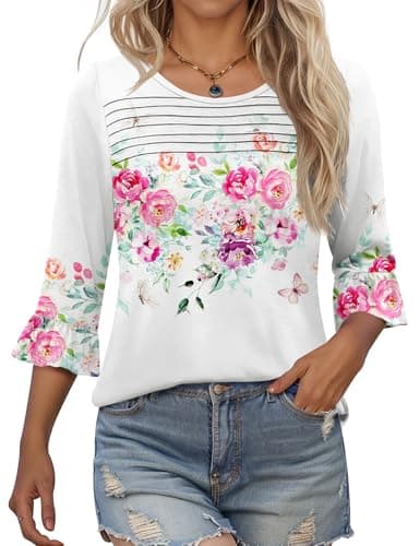 Image of Kistore Womens Tops 3/4 Sleeve T Shirts for Women UK Ladies Blouses Crew Neck Ruffle Sleeve Tunic Outfits White Floral Print S