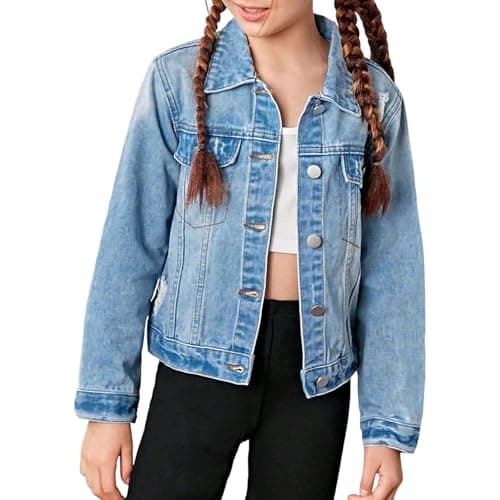 Image of Girls Denim Jacket Longe Sleeve Girl Sleeveless Jean Jacket Toddler Light Blue Washed Denim Jackets ripped Button Fashion Coat Casual Top Outwear for Baby Kids (Blue #1, 11-12 Years)