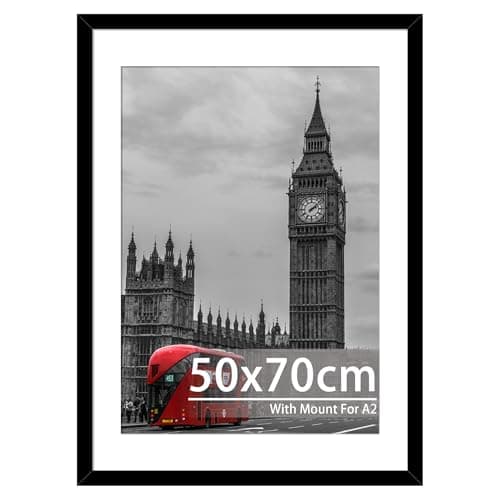 Image of Tinkeps 50x70cm Black Frame - Engineered Wood and Plexiglass, Picture Frames 50cm x 70cm with A2 Mount for Prints, Photos, and Posters, Wall Mountable