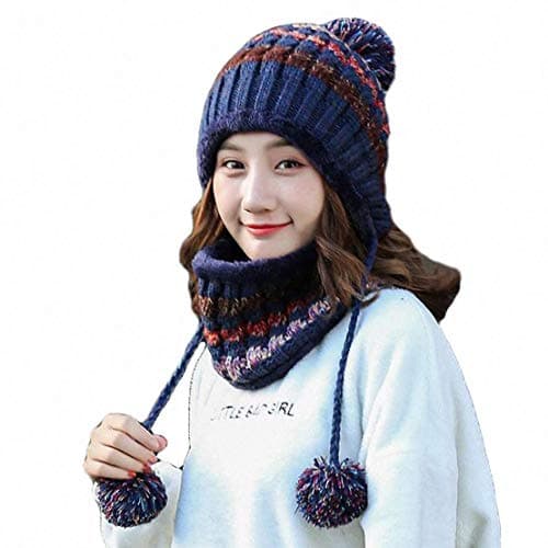 Image of Aisaving Women Knitted Hat Scarf Set Winter Warm Thicken Crochet Bobble Pom Pom Beanie Hat Cap Outdoor Ski Snowboard Cycle Bobble Hemming Hats with Fleece Lining(Navy Blue)