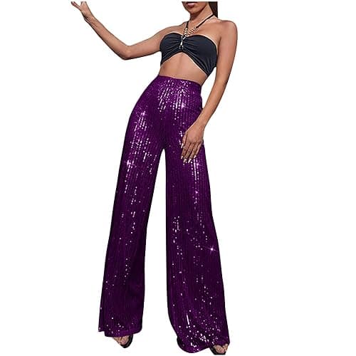 Image of Sequin Wide Leg Pant for Women,Spring Sparkly Glitter High Waist Wide Leg Palazzo Pant Party Club Trouser Bling Legging Flared Straight Leg Ladies Loose Fit Lounge Sweatpants Gym Evening Streetwear